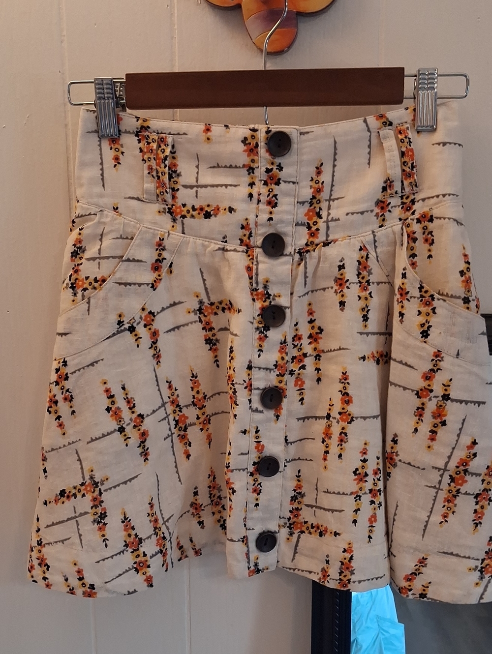 Free People Cream Smocked Waist Floral Pull-on Skirt Pockets
